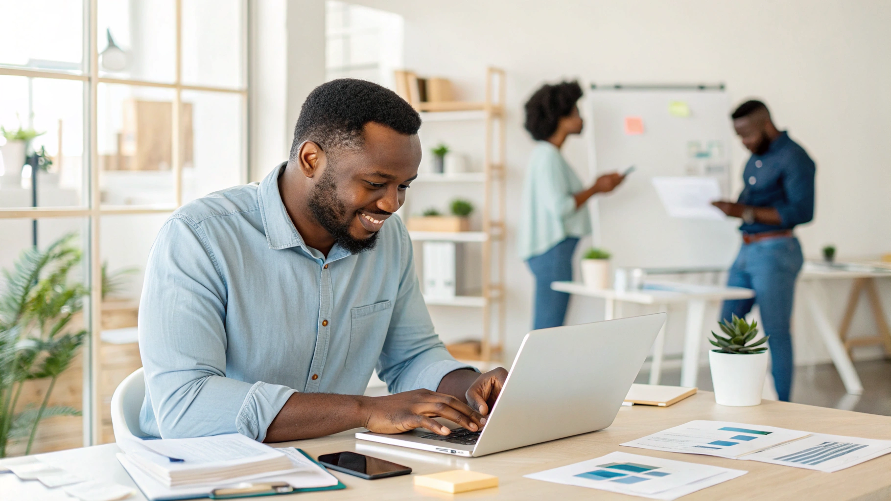 Entrepreneur africain travaillant sur ordinateur avec des factures